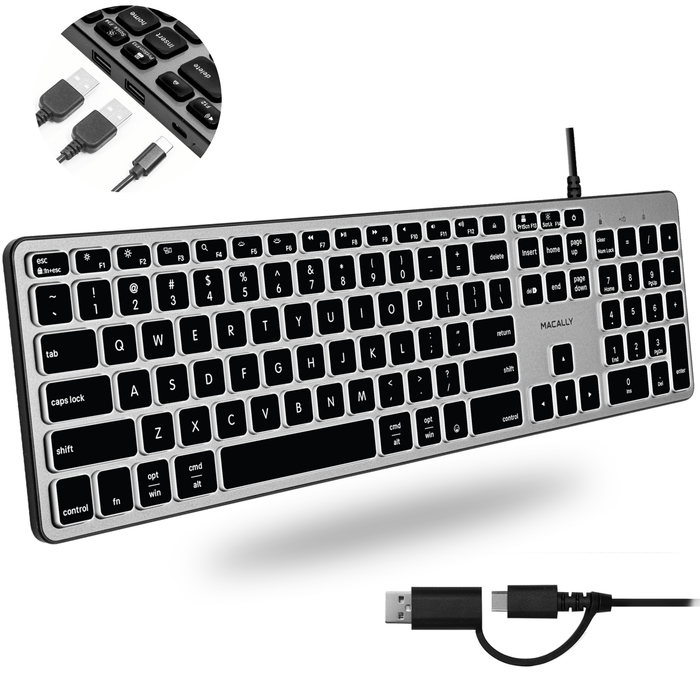 Macally Backlit Keyboard for Mac with in dual usb connectors a & c - on white background