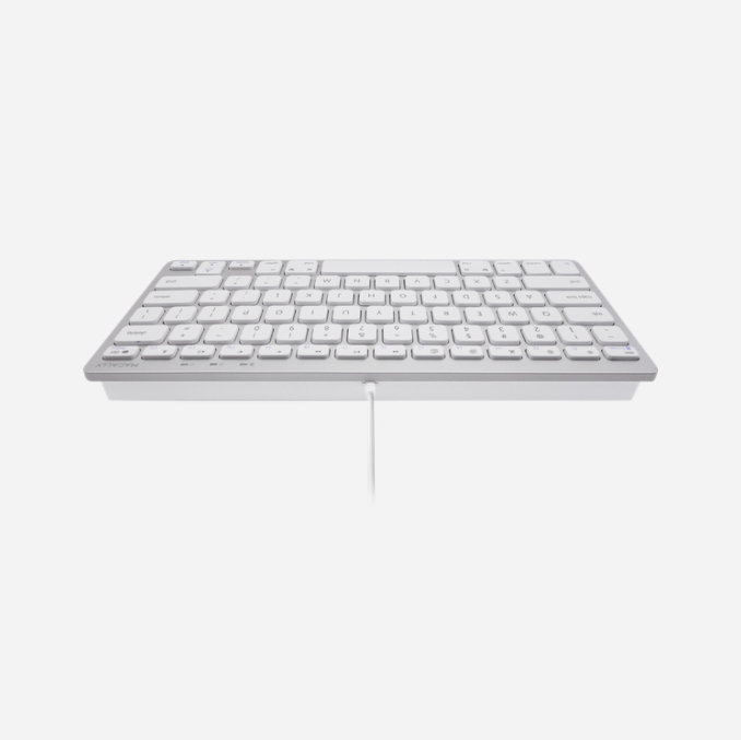 Side angle view of Macally slim portable USB keyboard showing ultra-thin profile design
