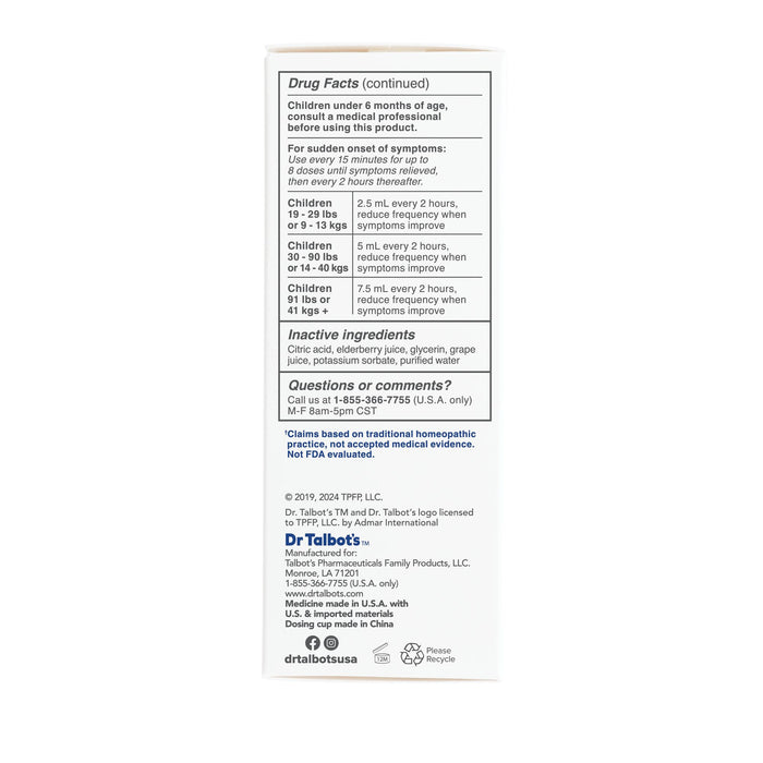 The image shows the back of a Dr. Talbot's Cough Relief box with dosage instructions by age and weight, inactive ingredients, manufacturer info, and a customer service phone number for this safe cough medicine.