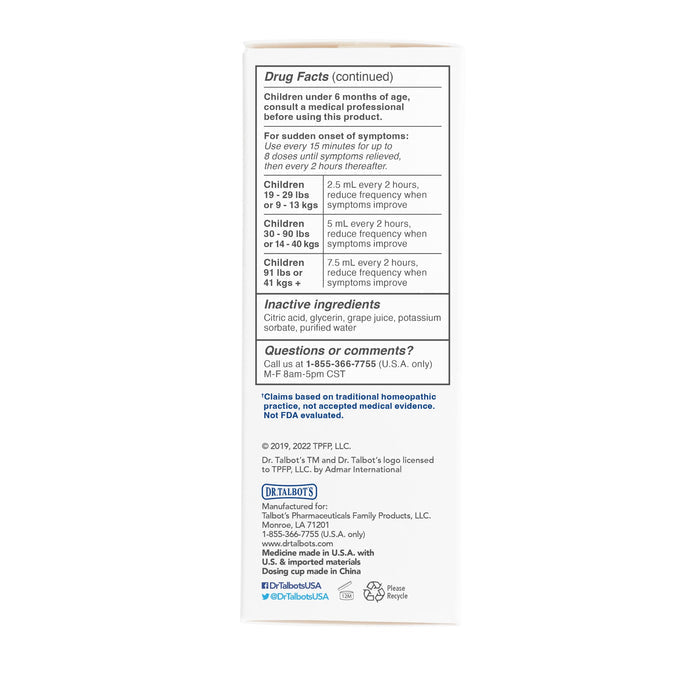 The image shows the back of Dr. Talbot's Daily Allergy Relief box, listing drug facts, dosage instructions by age, inactive ingredients, manufacturer details, a contact number, social media icons, and recycling symbols.