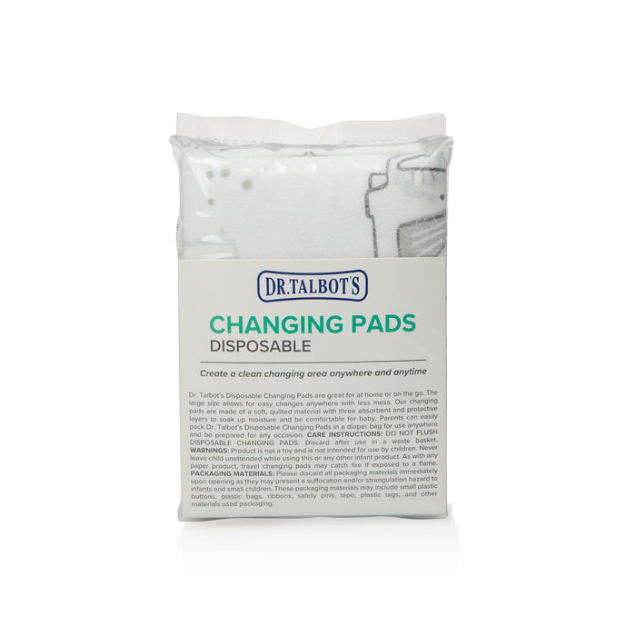 Dr. Talbot's Disposable Changing Pads - 10 Pack includes absorbent white pads, with product details, usage instructions, and safety warnings clearly shown on the packaging.