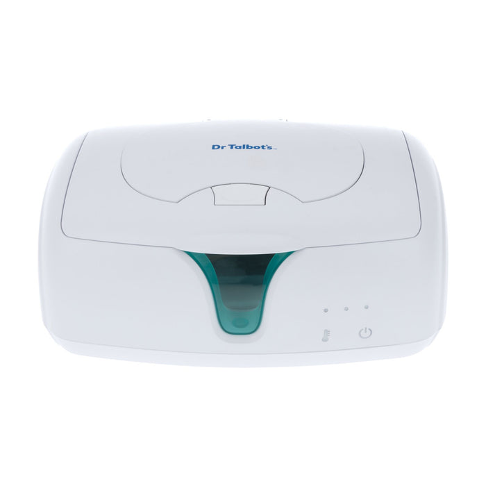 A Dr. Talbot's Easy-Open Wipe Warmer in white, featuring a translucent green window, front indicator lights, and a power button, is displayed on a plain white background—ideal for convenient diaper changes.