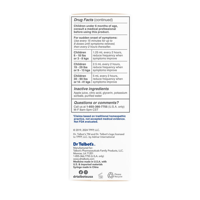 Back of Dr. Talbot's Infant Gas + Colic Relief box displaying drug facts, inactive ingredients, age-based dosage instructions, manufacturer details, customer service info, and a disclaimer for baby gas and colic relief claims.