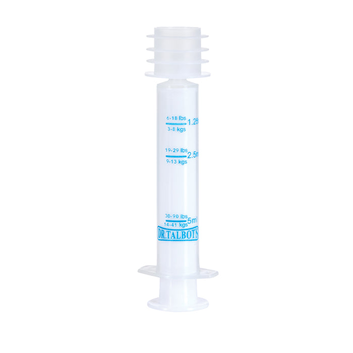 Dr. Talbot's Infant Pain + Fever Relief oral syringe features clear plastic with blue milliliter markings. Ideal for giving medicine to infants, it's shown upright against a white background.