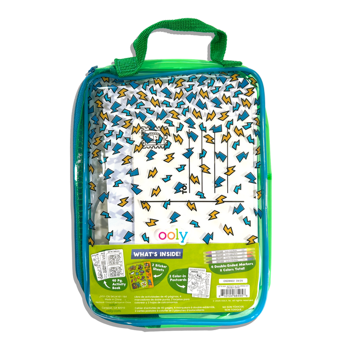 Back of carrying case of OOLY Robo Dinos Let’s Go! Activity & Coloring Kit on a white background