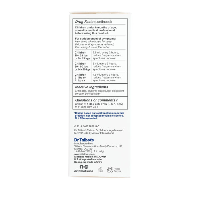 The back of Dr. Talbot's Mucus + Cold Relief box shows drug facts, dosage by age, inactive ingredients, manufacturer info, a phone number for questions, and icons for cold and mucus relief.