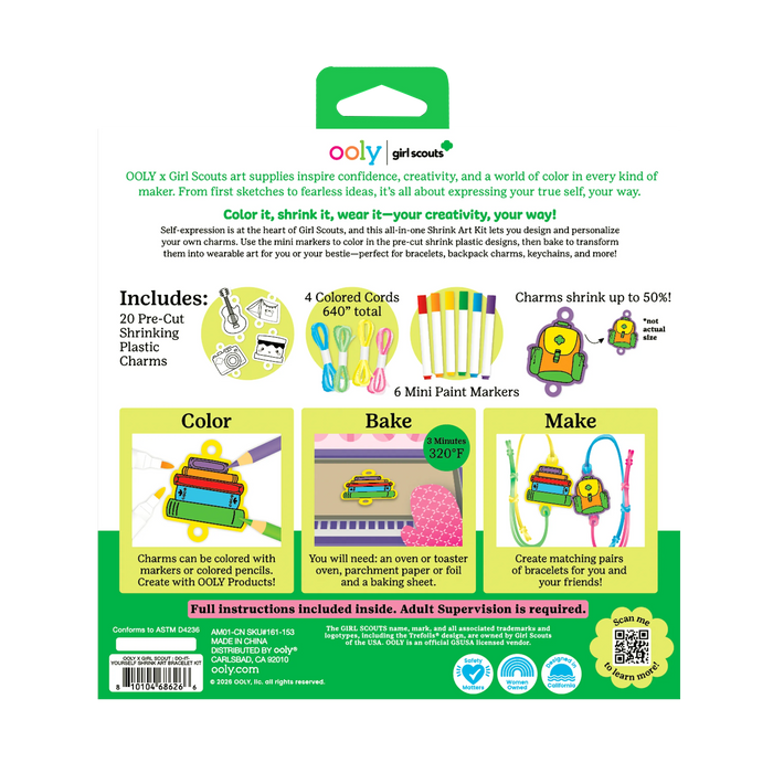 Back of packaging of OOLY x Girl Scouts DIY Shrink Art Bracelet Kit