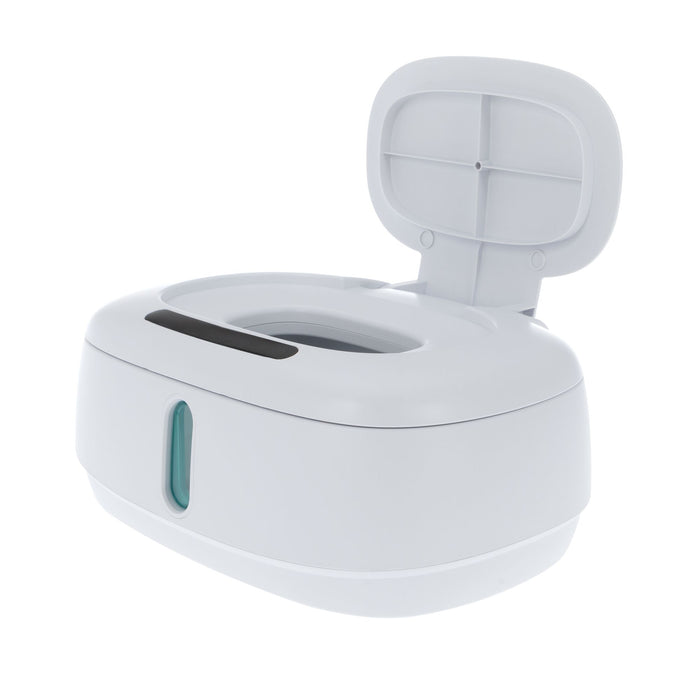 Dr. Talbot's Touch-Free Wipe Warmer is a white plastic potty training seat with a raised backrest, open lid, handy handle, blue accent on the side, and space to keep the wipe warmer close for added convenience.