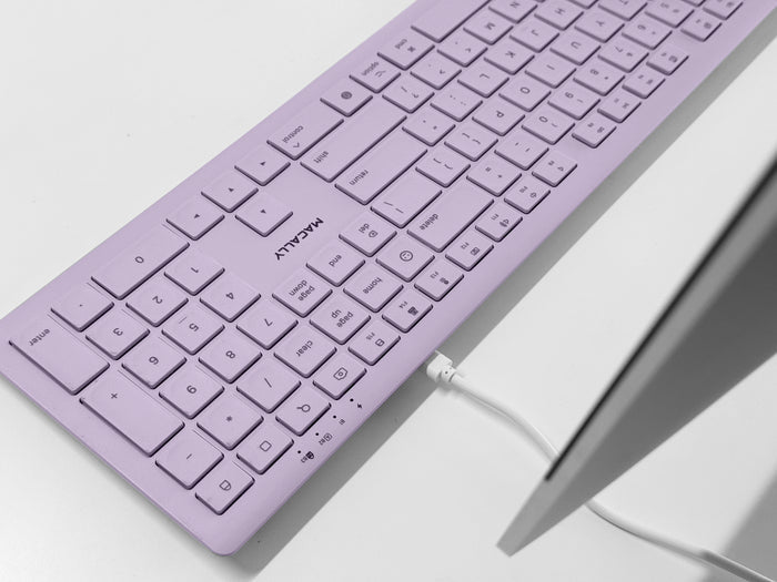 Macally Wireless Keyboard and Mouse for MacBook Air - Purple - in use on modern desk setup