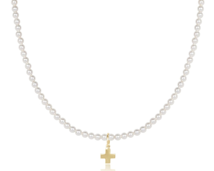 17" Choker Beaded - Classic Pearl 3mm - Signature Cross Gold Charm
