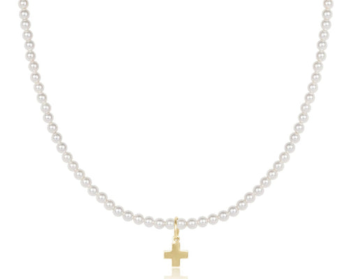 17" Choker Beaded - Classic Pearl 3mm - Signature Cross Gold Charm