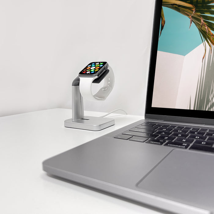 Macally Apple Watch Charger Dock - in use on modern desk setup