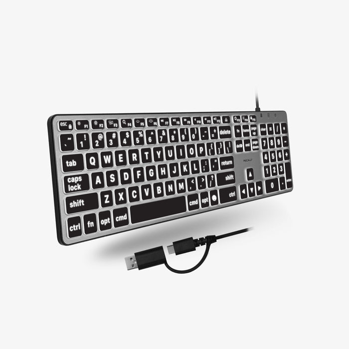 Macally Backlit Large Print Keyboard For Mac with Dual USB A / C - on white background