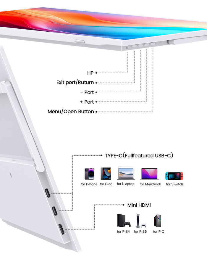 USetup T4 - White Portable Monitor 15.6" 1080P 60hz | UPERFECT