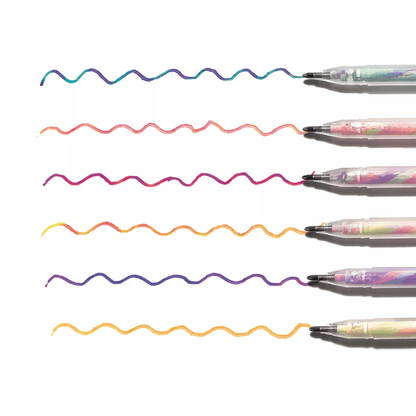 Image of Tutti Fruitti Gel Pens on white paper next to colorful swatches