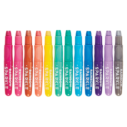 OOLY Rainbow Sparkle Metallic Watercolor Gel Crayons - Set of 12 row of uncapped crayons