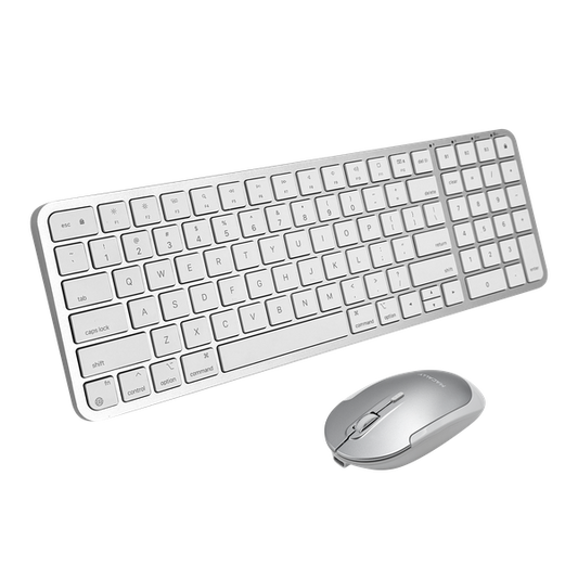 White slim keyboard and silver Macally mouse isolated on a transparent background in a clean angled layout