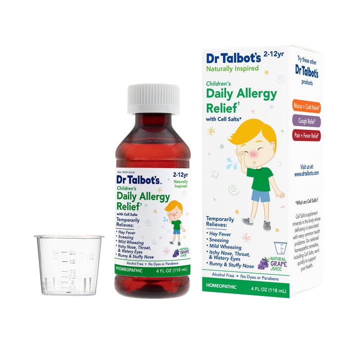 A bottle of Dr. Talbot's Daily Allergy Relief with a dosing cup and box, showing a sneezing child and listed symptoms relieved. This homeopathic allergy medicine provides hay fever relief for children ages 2-12 years.