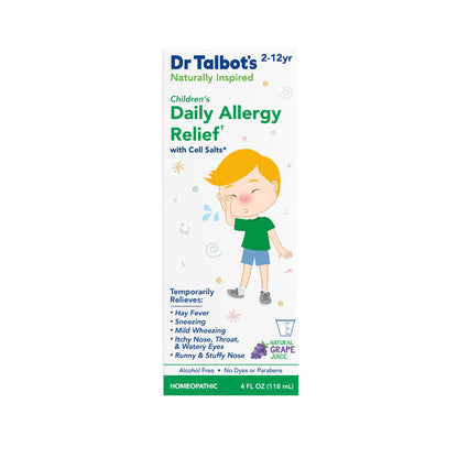 Dr. Talbot's Daily Allergy Relief for ages 2–12, grape flavor, 4 fl oz. Relieves sneezing, itchy nose/throat, and runny/stuffy nose from hay fever. Box features a child sneezing illustration.