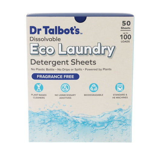 Front of Dr. Talbot's Dissolvable Eco Laundry Detergent Sheets | Fragrance Free (50-Count), highlighting 50 biodegradable, plant-based sheets for up to 100 loads. Features icons for fragrance-free and HE machine compatibility.
