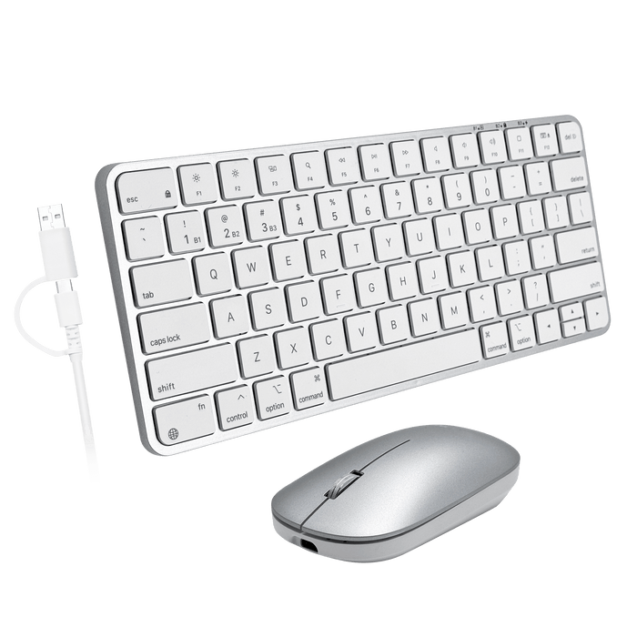 Macally Dual Mode Wireless Keyboard & Mouse Set in silver - on white background