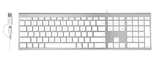 Macally Everyday Premium USB A + C Keyboard for Mac in aluminum - on white background
