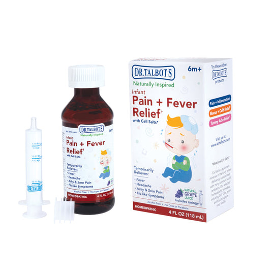 A 4 fl oz bottle of Dr. Talbot's Infant Pain + Fever Relief in natural grape flavor, includes a dosing syringe and box with a cartoon baby, highlighting pain and fever relief for infants.