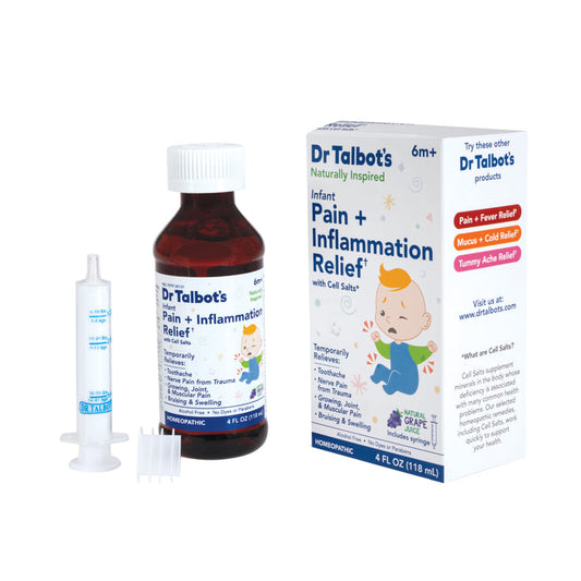Dr. Talbot's Infant Pain + Inflammation Relief is a grape-flavored homeopathic medicine for infants 6 months+, supplied with a dosing syringe and packaged in a box featuring a cartoon baby.