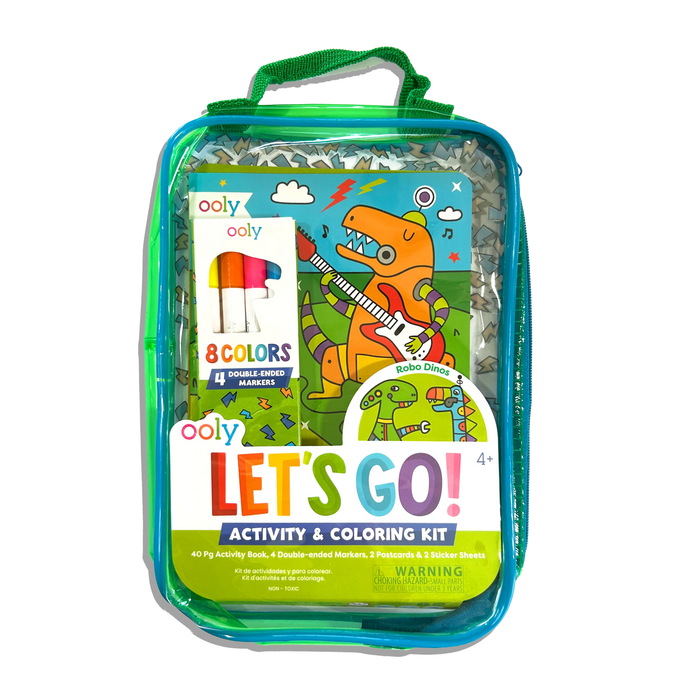 Front of carrying case of OOLY Robo Dinos Let’s Go! Activity & Coloring Kit on a white background