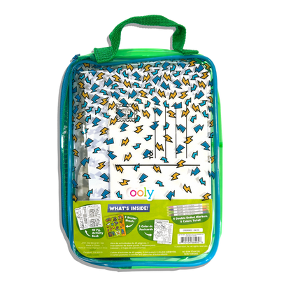 Back of carrying case of OOLY Robo Dinos Let’s Go! Activity & Coloring Kit on a white background