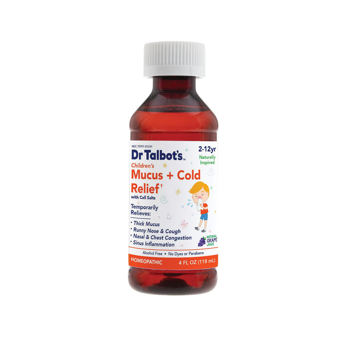 A bottle of Dr. Talbot's Mucus + Cold Relief, a homeopathic medicine for ages 2-12, features a white cap and a label highlighting dosage details and benefits such as mucus, cough, and congestion relief.