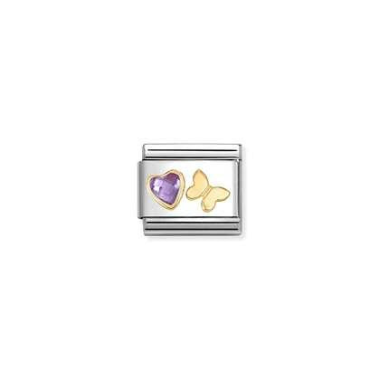 Nomination Classic Gold Symbols CZ Faceted Purple Heart & Butterfly