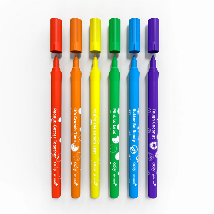 Row of uncapped markers from the OOLY x Girl Scouts Cookie Scented Markers