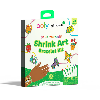 Quarter angle of front of packaging of OOLY x Girl Scouts DIY Shrink Art Bracelet Kit