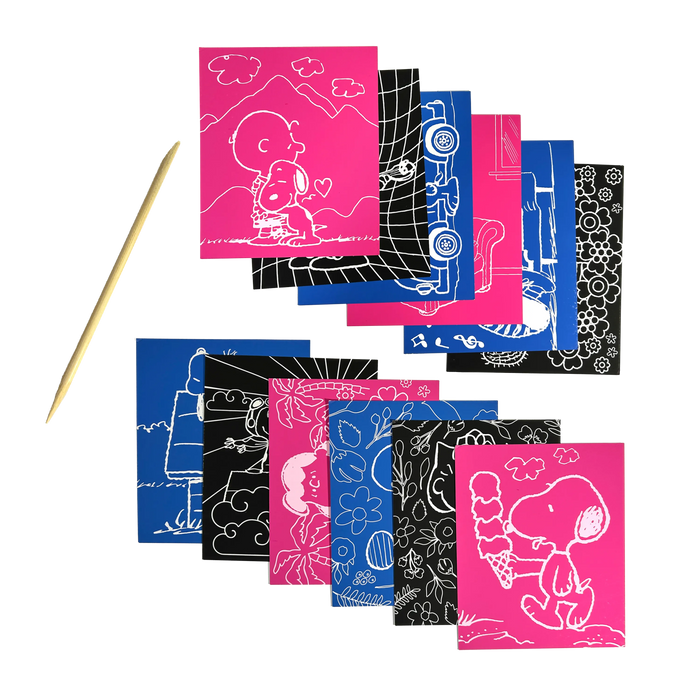 All 12 scratch cards and stylus from the OOLY x Peanuts Scratch Art Kit