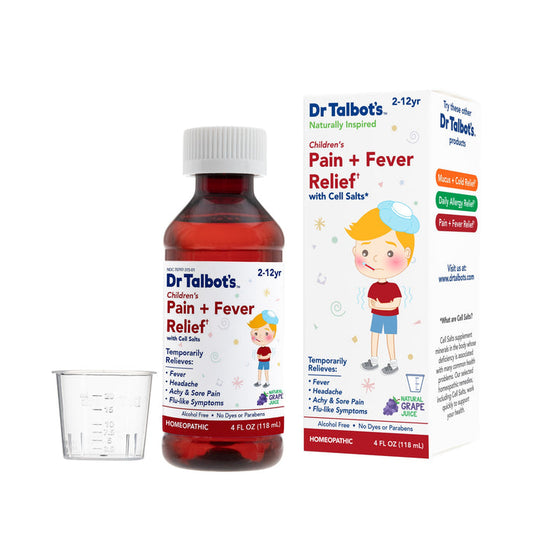 Dr. Talbot's Pain + Fever Relief for ages 2-12 comes with a dosing cup and features a cartoon child on the box. This alcohol-free kids' liquid has a natural grape flavor.