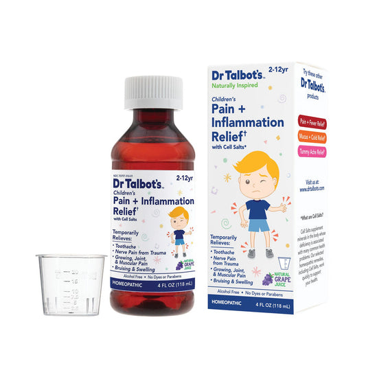 A bottle of Dr. Talbot’s Pain + Inflammation Relief comes with a dosage cup and cartoon-themed box, highlighting pain relief for fever, teething, and swelling in children.