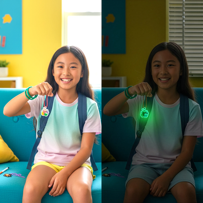 Side-by-side image of girl holding a charm from the OOLY Glow Buddies Shrink-Its! DIY Shrink Art Kit in both a light and a dark room