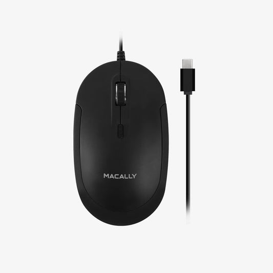 Macally silent USB-C mouse in black finish on white background