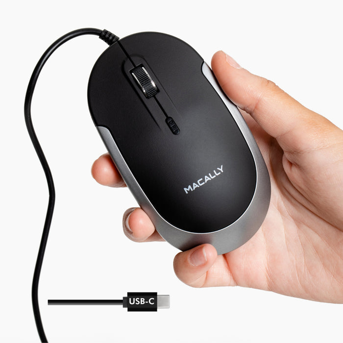 Macally Silent USB C Mouse for Mac and PC - top-down view showing design details