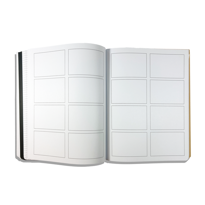 Comic template paper pages in an opened OOLY's The Paper Works Sketchbook on a white background