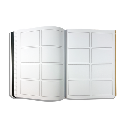 Comic template paper pages in an opened OOLY's The Paper Works Sketchbook on a white background