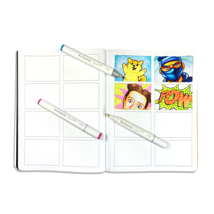 Colored images on comic template paper pages in an opened OOLY's The Paper Works Sketchbook on a white background