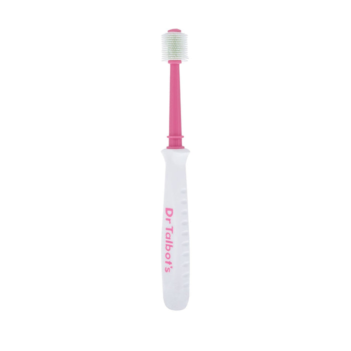 Dr. Talbot's Toddler 360° Toothbrush in pink and purple features a soft-bristled cylindrical brush head for gentle cleaning, with a child-friendly handle design.