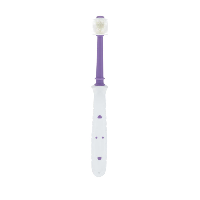Dr. Talbot's Toddler 360° Toothbrush in pink and purple features soft bristles, a textured cylindrical roller at the top, and an ergonomic handle—designed for easy personal care and grooming.