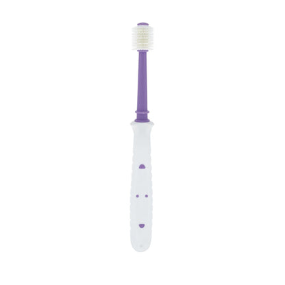 Dr. Talbot's Toddler 360° Toothbrush in pink and purple features soft bristles, a textured cylindrical roller at the top, and an ergonomic handle—designed for easy personal care and grooming.