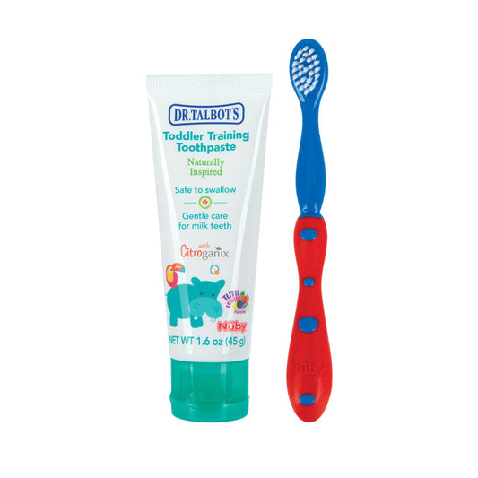 A Dr. Talbot's Toddler Toothbrush and Toothpaste Set, featuring a tube with a cartoon hippo label and a small blue and red brush, offers fluoride-free toothpaste safe for young children.
