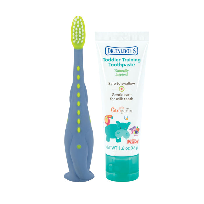 Dr. Talbot's Toddler Training Toothbrush with Toothpaste includes a blue toothbrush with green bristles and fluoride-free paste, both featuring a playful hippo on the label.