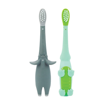 Dr. Talbot's Toddler Training Toothbrushes (2 Pack) feature soft bristles and playful animal designs—one gray elephant and one green crocodile—to help encourage good oral hygiene habits in kids.