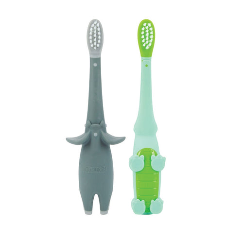 Dr. Talbot's Toddler Training Toothbrushes (2 Pack) feature soft bristles and playful animal designs—one gray elephant and one green crocodile—to help encourage good oral hygiene habits in kids.